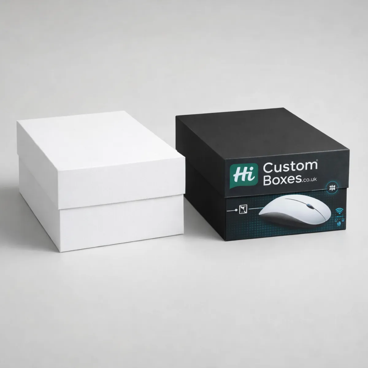 Two-piece rigid gift boxes with removable lids, shown in a clean white finish and a branded black finish. class=